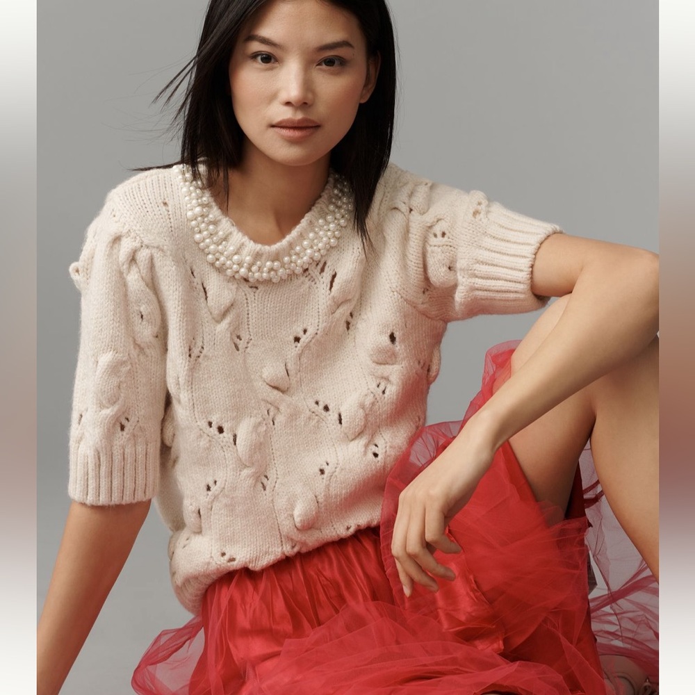 NWT! Maeve Pearl Necklace Cable Knit Sweater